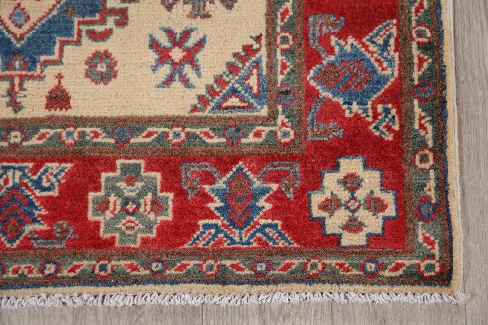 Hand-Knotted Kazak Oriental Traditional Pakistani Area Rug, Beige, 5'5"x3'2