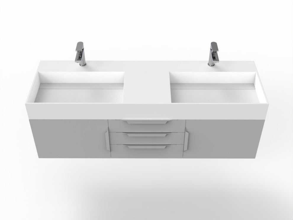 CastelloUSA Amazon 60" Wall Mounted Bathroom Vanity Set, Gray, White Top, Chrome Handles