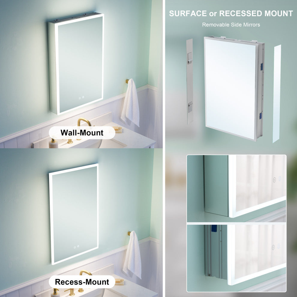 LED Medicine Cabinet with Mirror, 3X Magnifier Glass, Recessed/Surface Mount, 24"x30" Right Door