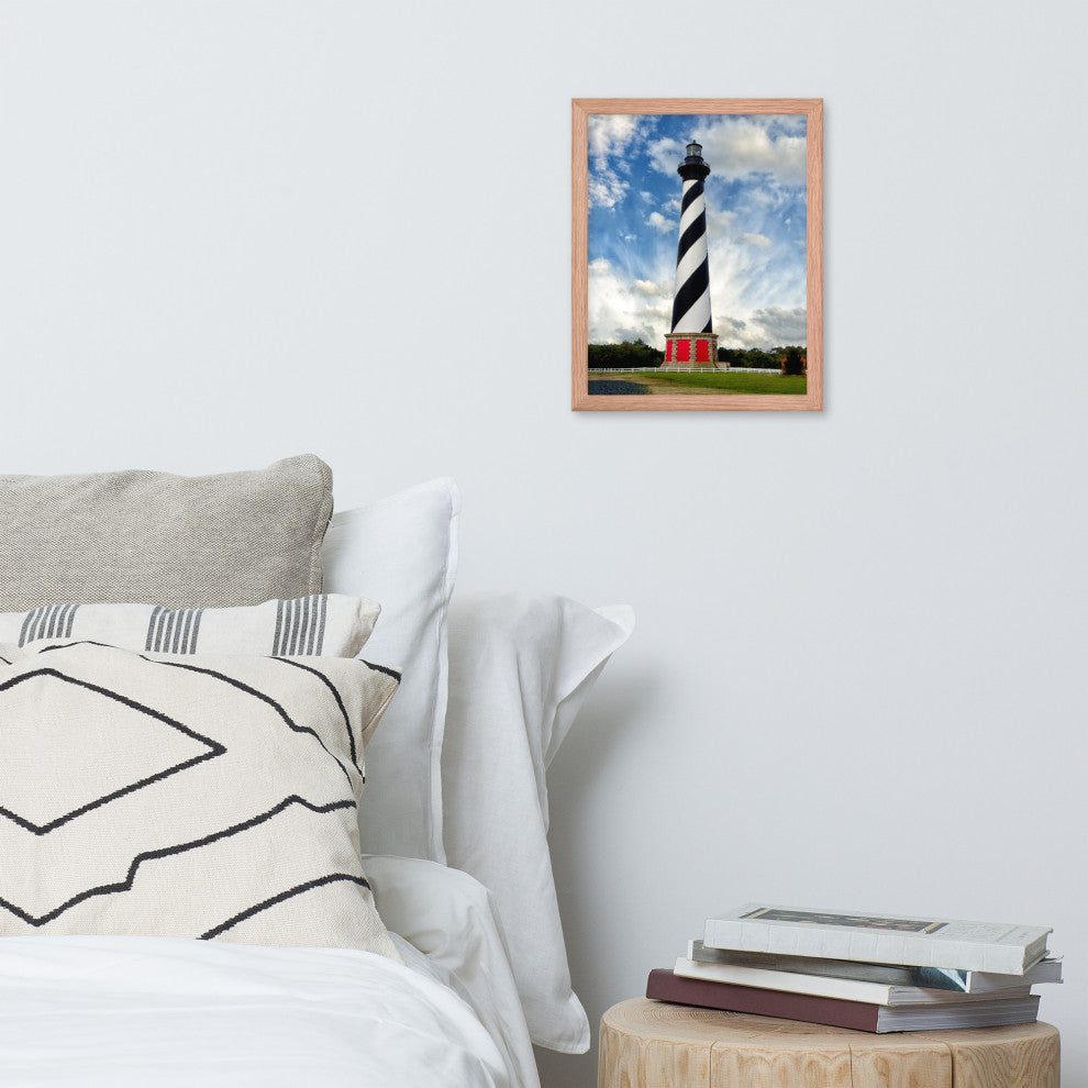Cape Hatteras Lighthouse Coastal Landscape Framed Photo Paper Wall Art Prints, Red Oak, 11" X 14"