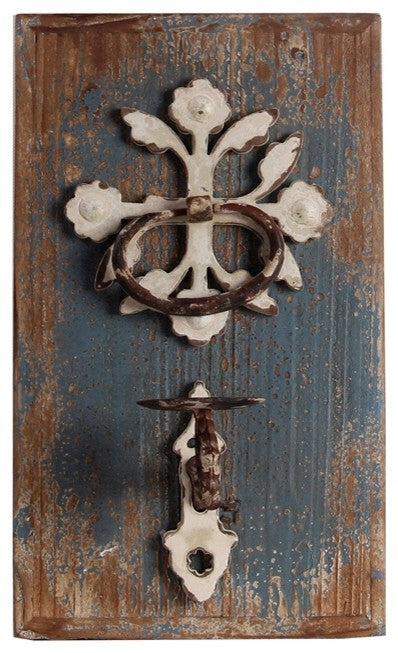 Iron and Wood Wall Candleholder, Blue