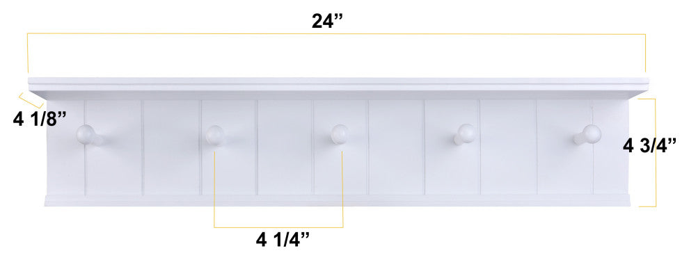 Danya B. 24" Wall Mount Wooden Coat Rack With Hooks and Display Shelf White