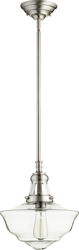 12" Clear Schoolhouse Pendant, Satin Nickel With Clear
