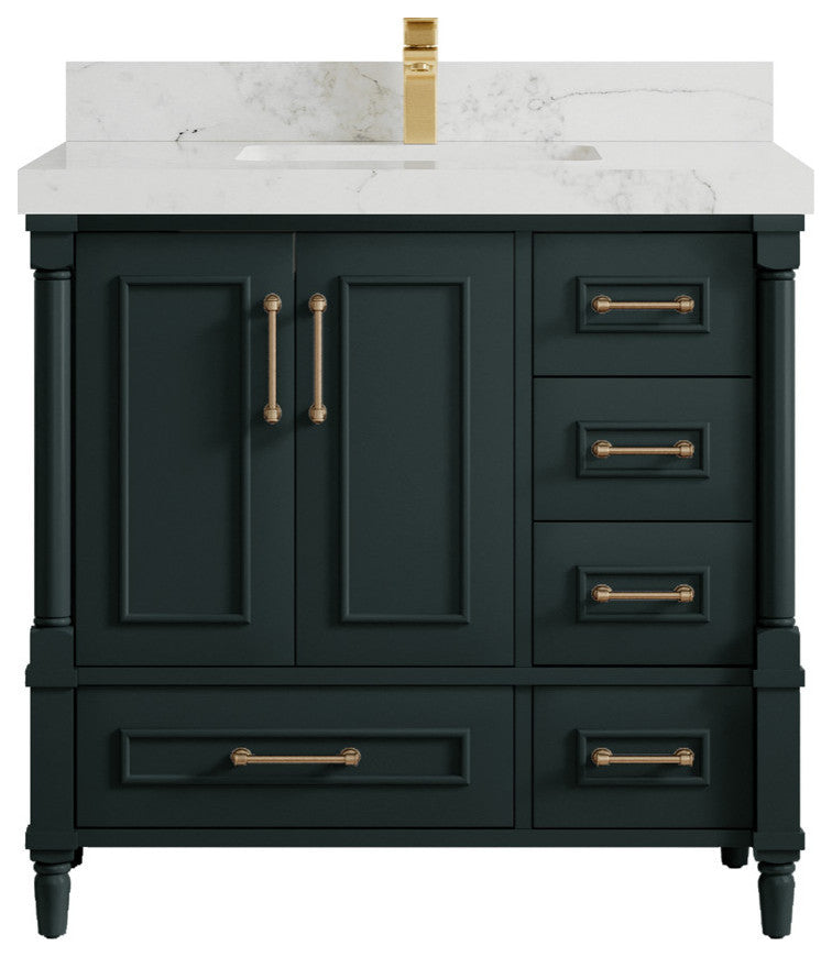 Aberdeen 36 Center Sink Bath Vanity in Dark Forest Green 2" Calacatta Nuvo