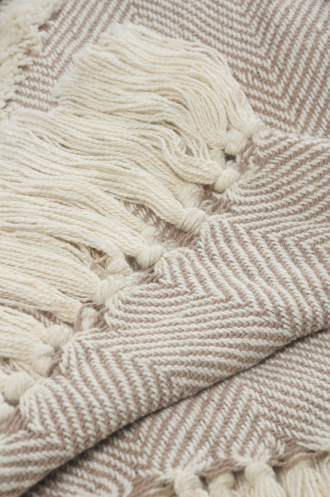 Tufted Geometric Beige and Cream Throw Blanket With Fringe