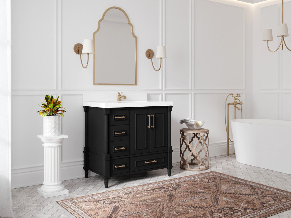 Aberdeen 36 Left Offset Bath Vanity In Black 2" Calacatta Gold