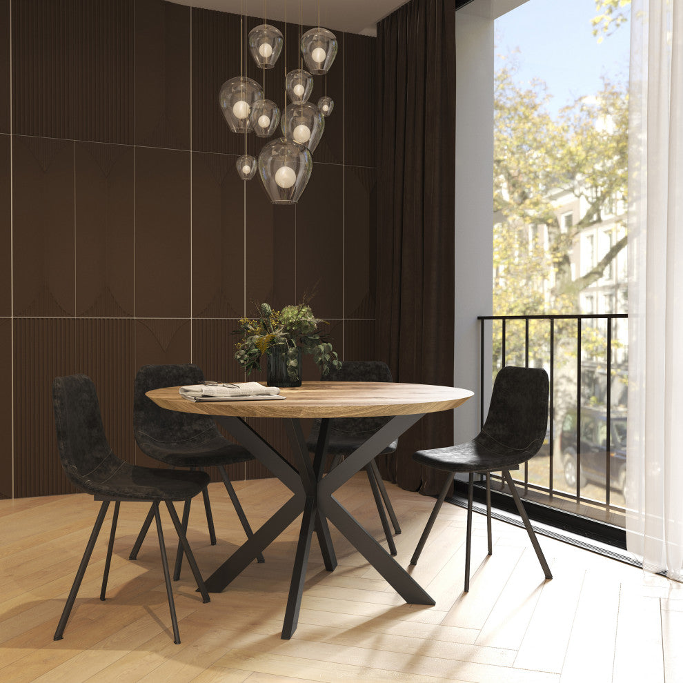 Ravenna 47" Round Dining Table MDF Tabletop in Geometric Metal Base, Natural Wood