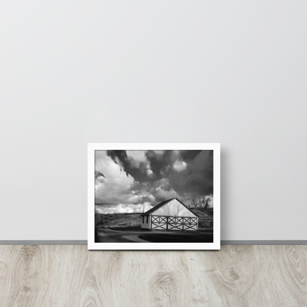 Aging Barn Morning Sun in Black and White Framed Photo Paper Wall Art Prints, White, 11" X 14"