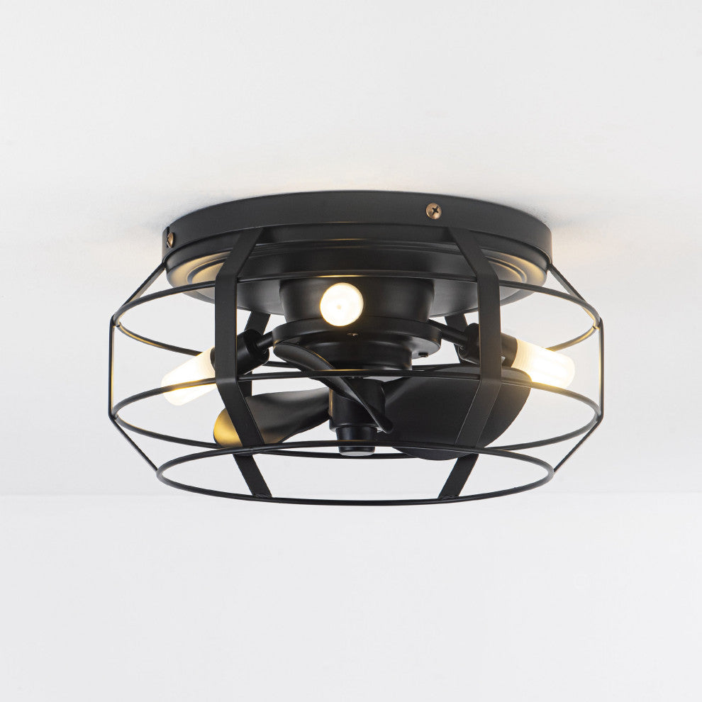 12 in Black Flush Mount Caged DC Motor Ceiling Fan with Light Kit and Remote