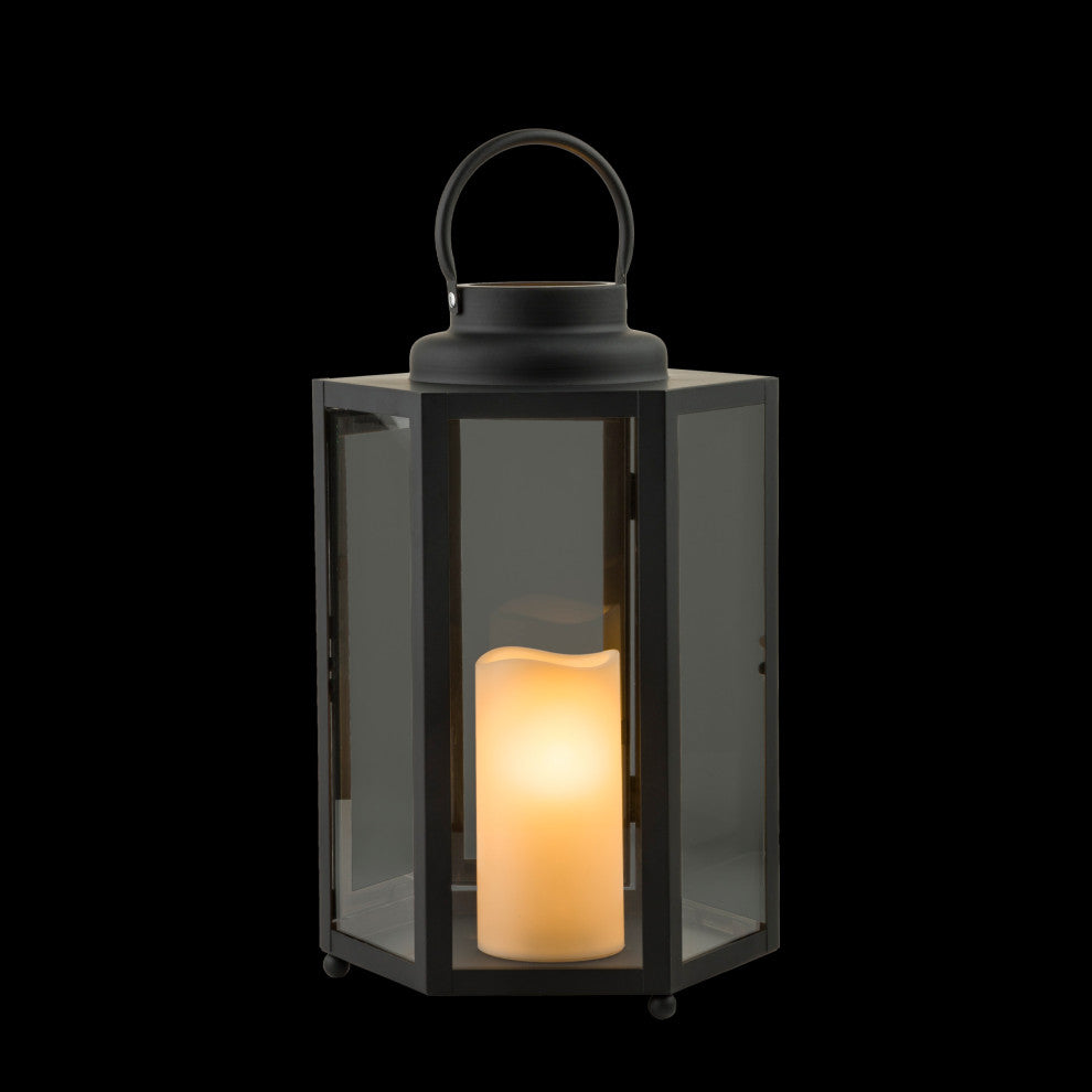 14" Tall Outdoor Hexagonal Battery-Operated Metal Lantern with LED Lights, Black