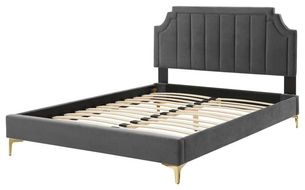 Platform Bed Frame, Queen Size, Velvet, Dark Gray, Modern Contemporary
