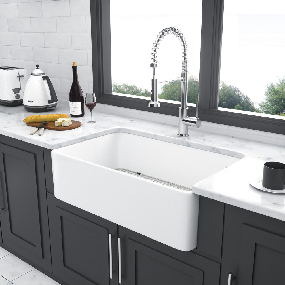 White Ceramic 30 in. Single Bowl Farmhouse Apron Kitchen Sink with Bottom Grid, 30"x20"
