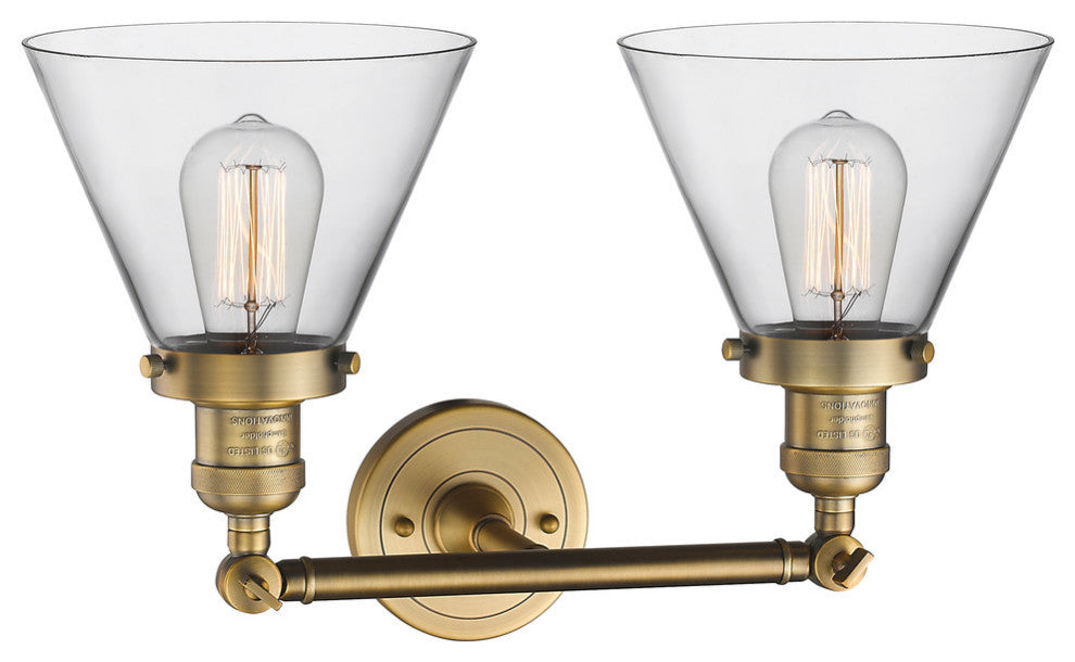 Large Cone 2-Light LED Bath Fixture, Brushed Brass, Glass: Clear