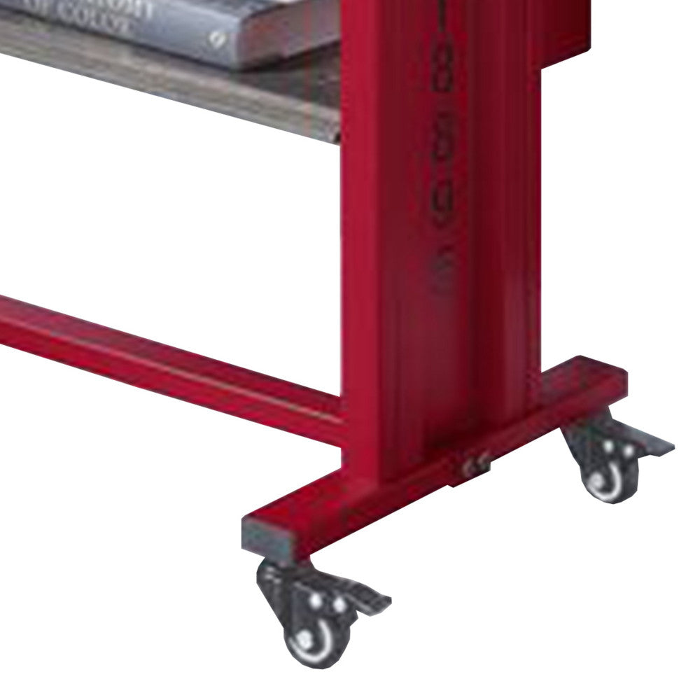 Benzara BM269579 Accent Table With Metal Cargo Style and 3 Caster Wheels, Red
