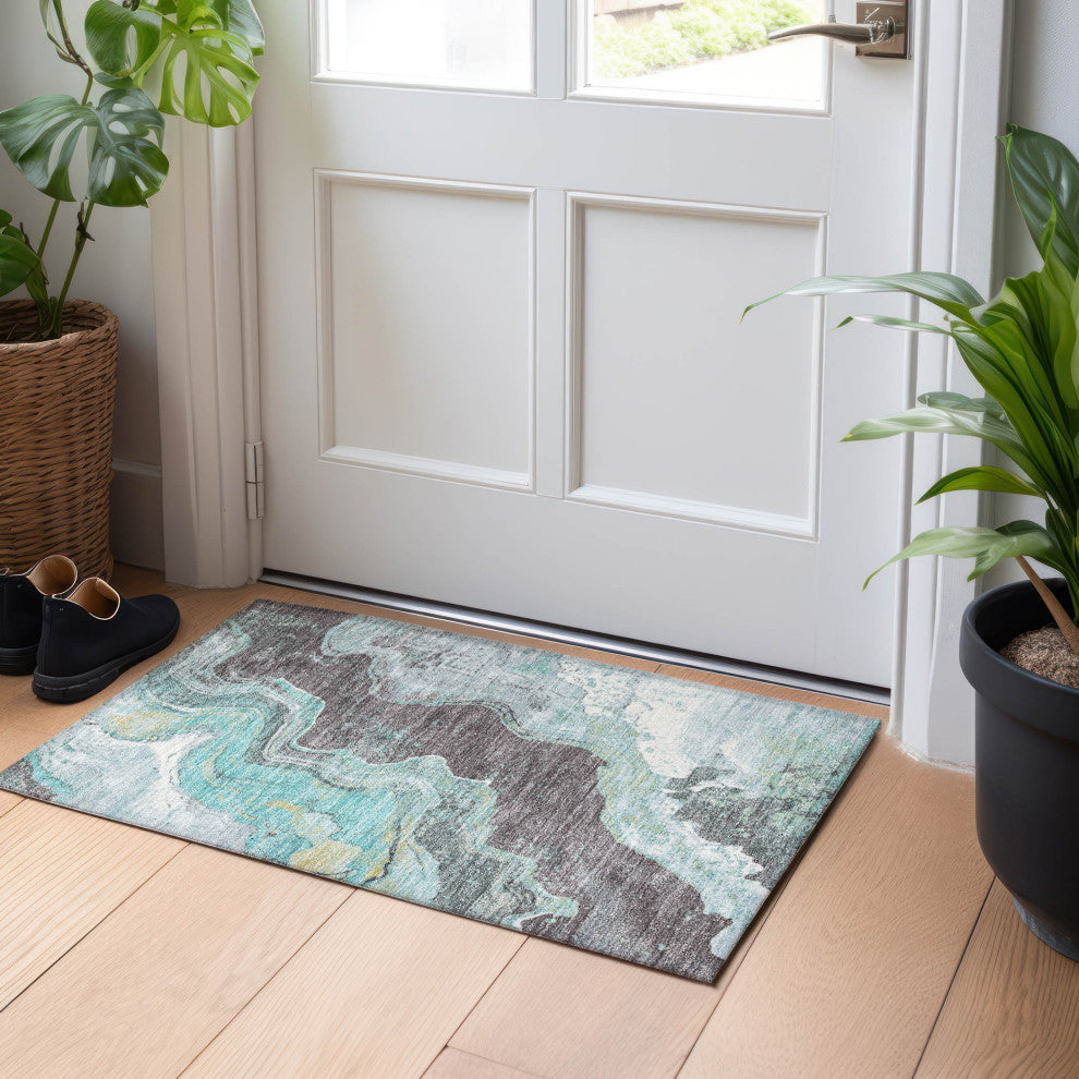 Machine Washable Indoor/Outdoor Chantille ACN1907 Teal 1'8" x 2'6" Rug