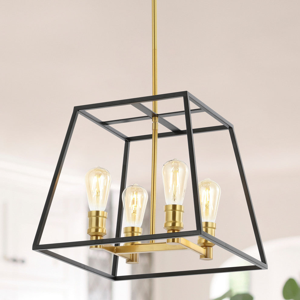 Lloyd 4-Light Industrial Iron LED Pendant, Black/Brass Gold, Width: 15"