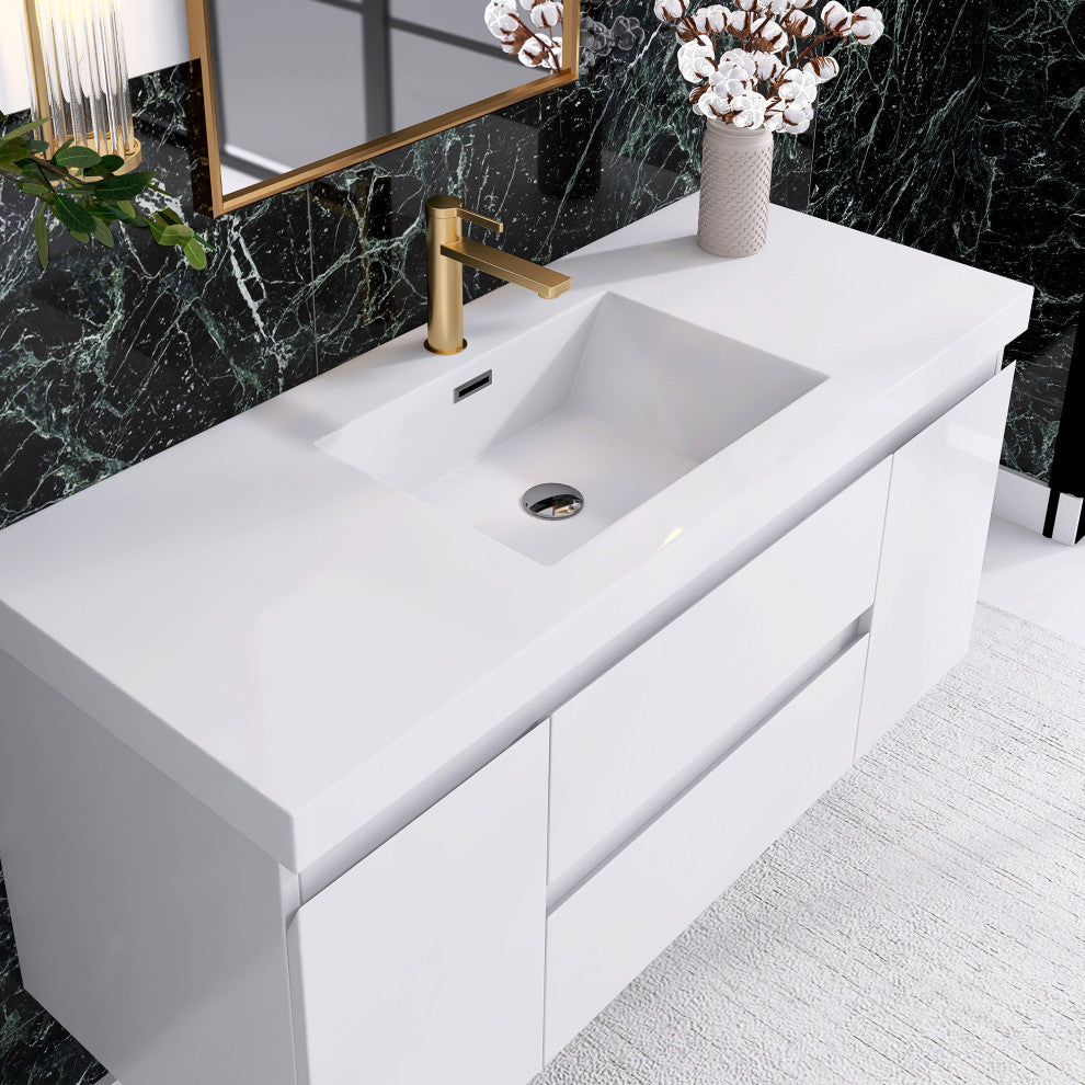 Wall-Mounted Bathroom Vanity with Integrated Resin Sink, White, 48in.