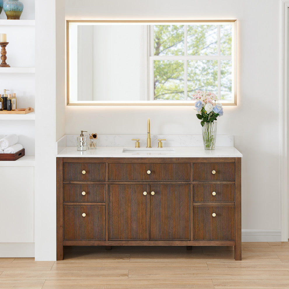 Cerrito Bathroom Vanity, Brown Brushed Oak, 60" Single, With Mirror