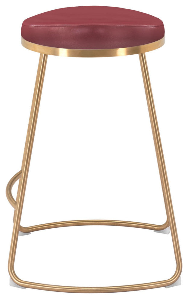 Counter Stool Chair, Set of 2, Faux Vinyl Leather, Steel, Burgundy, Gold, Cafe