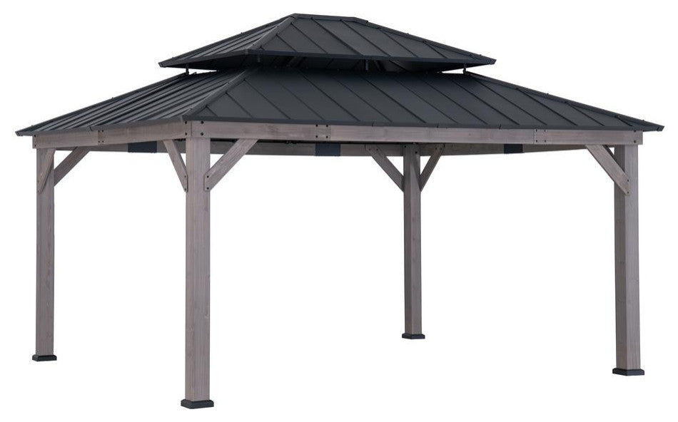 13 ft. x 15 ft. Cedar Framed Gazebo with Black Steel 2-tier Hip Roof Hard Top