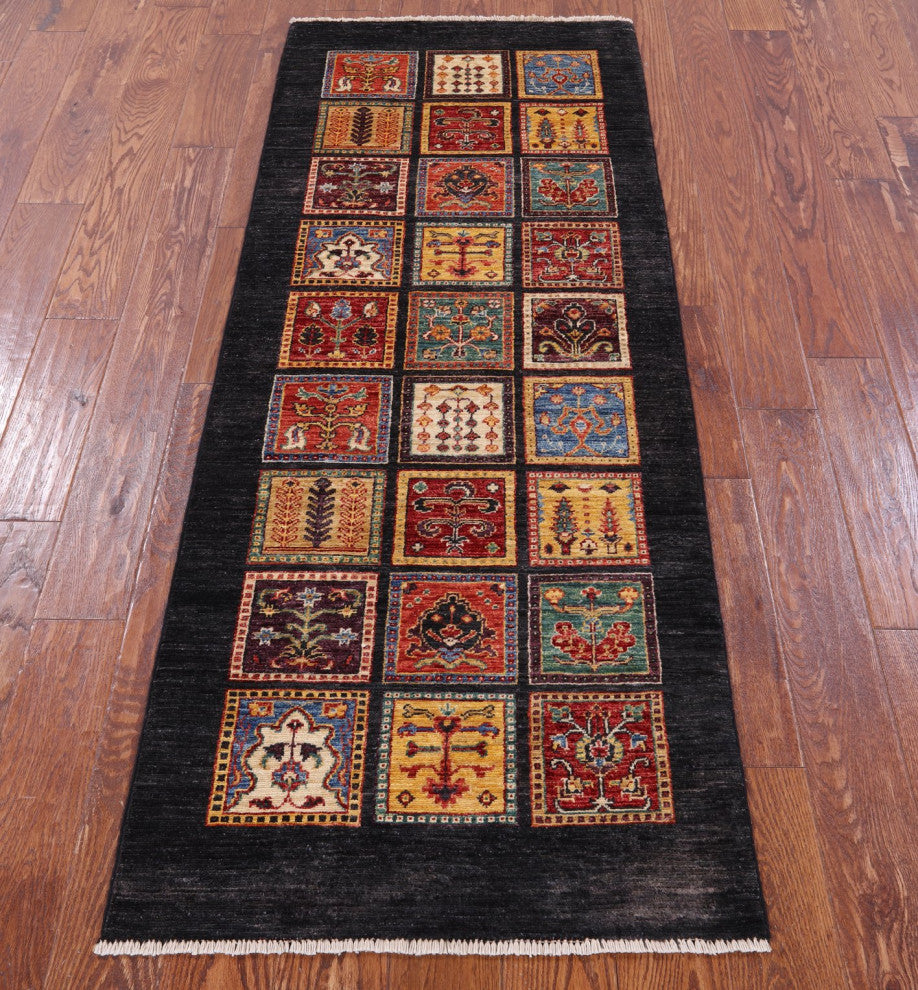 Persian Garden Design Black Hand Knotted Runner Rug 2' 6" X 6' 7" Q10681