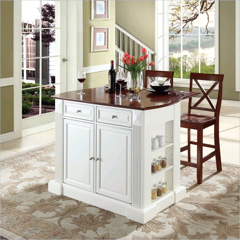 Drop Leaf Breakfast Bar Top Kitchen Island, White, 24" Cherry X-Back Stools
