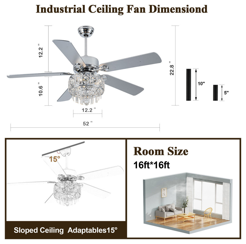 52" Modern Silver Crystal Ceiling Fan 6-speed with Dimmable Light and Remote, Chrome, 52"