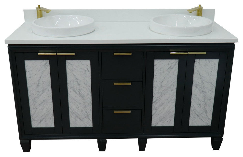 61" Double Sink Vanity, Dark Gray Finish With Engineered Stone Top, Round Sink