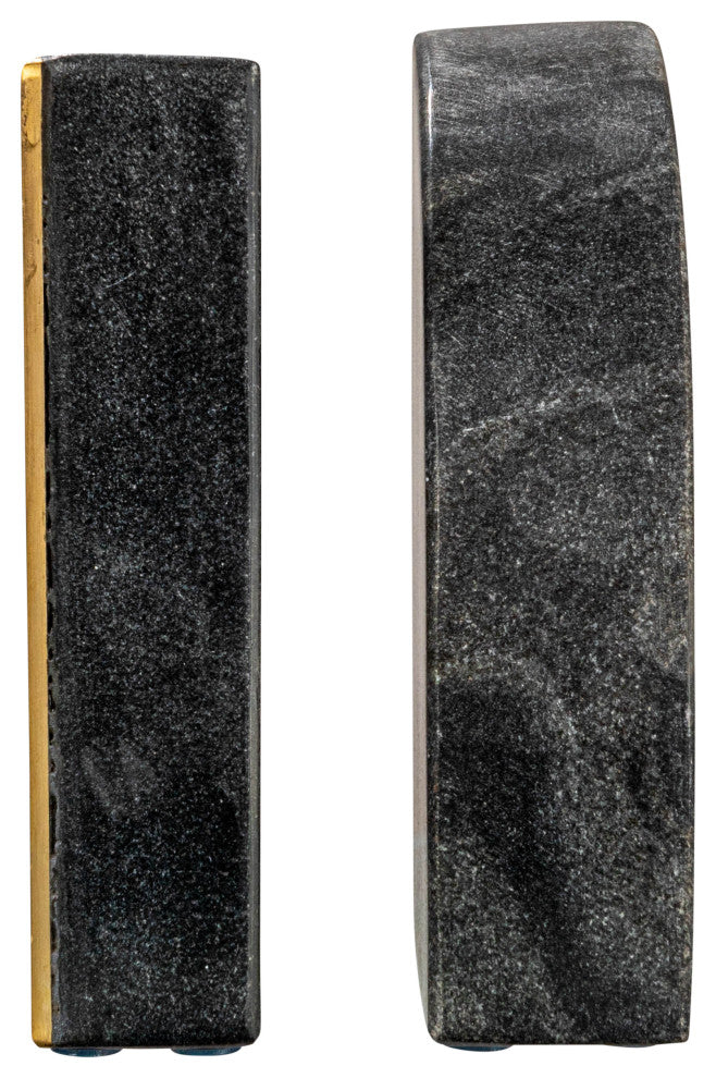 Boho Arched Semicircle Marble Bookends with Brass Detail, Set of 2, Black