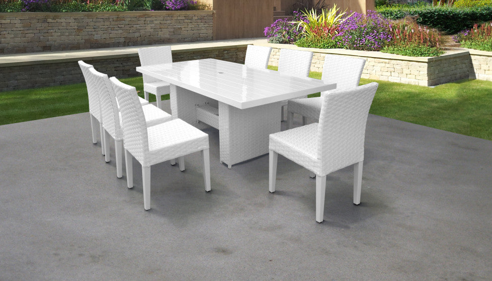 Miami Rectangular Outdoor Patio Dining Table with 8 Armless Chairs Sail White