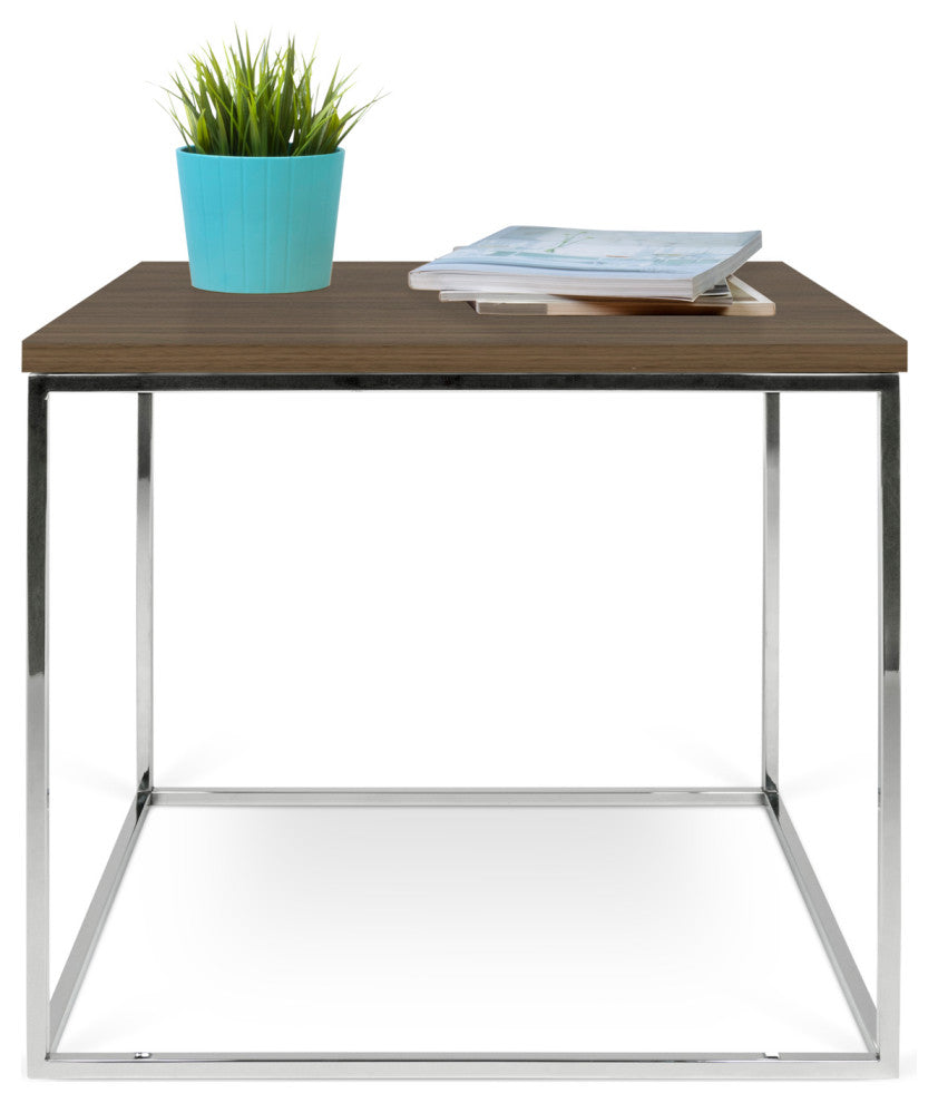 Modern Walnut Minimal Metal Cube Side Table, Walnut/Chrome