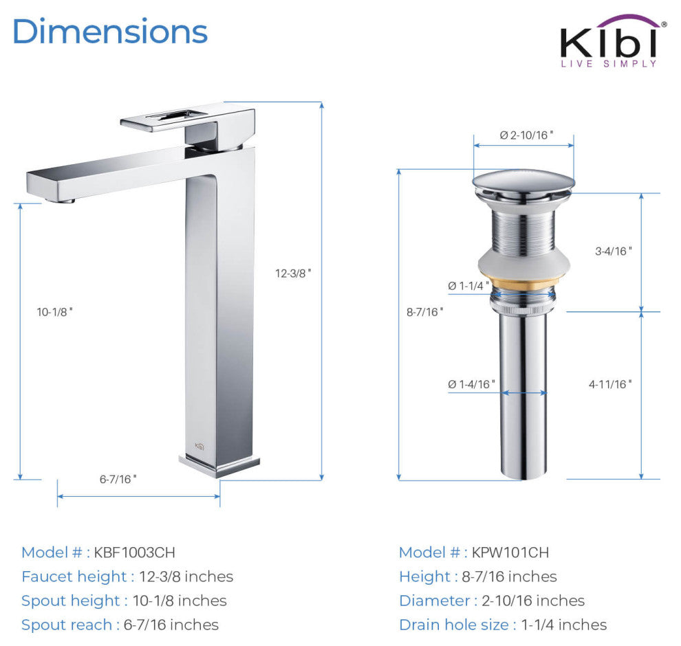 Cubic Single Handle Vessel Sink Faucet KBF1003, Chrome, W/ Drain