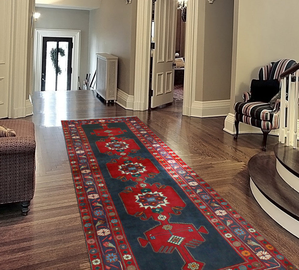 Fine Vintage Distressed Vidal Charcoal/Red Runner, 3'6 x 9'11