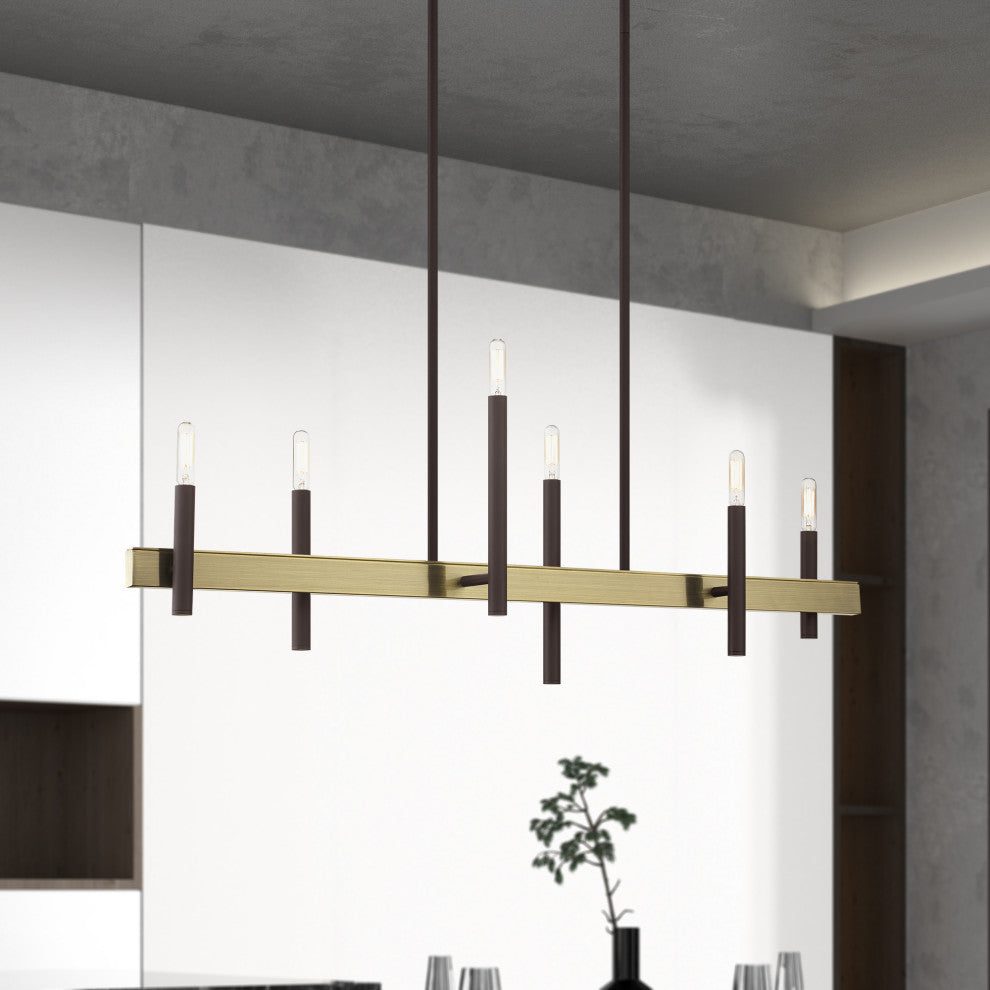 Livex Lighting Denmark 6 Light Bronze, Antique Brass Accents Linear Chandelier