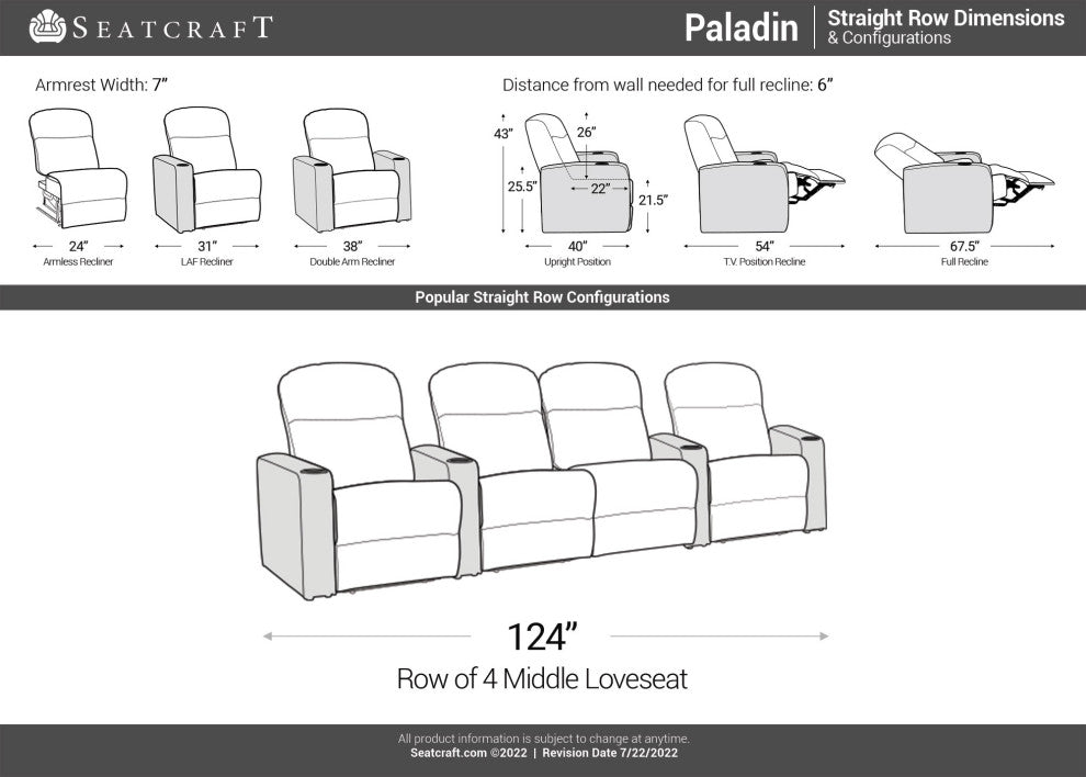 Seatcraft Paladin Home Theater Seating, Brown, Row of 4 With Loveseat