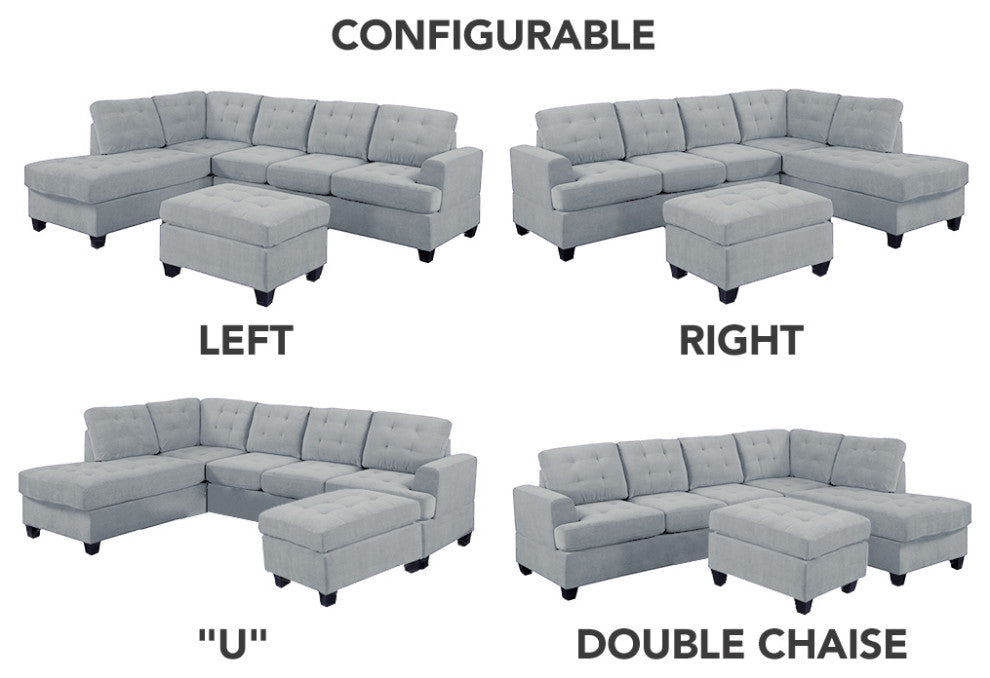 Microfiber Sectional Sofa With Reversible Chaise and Ottoman, 3-Piece Set, Gray