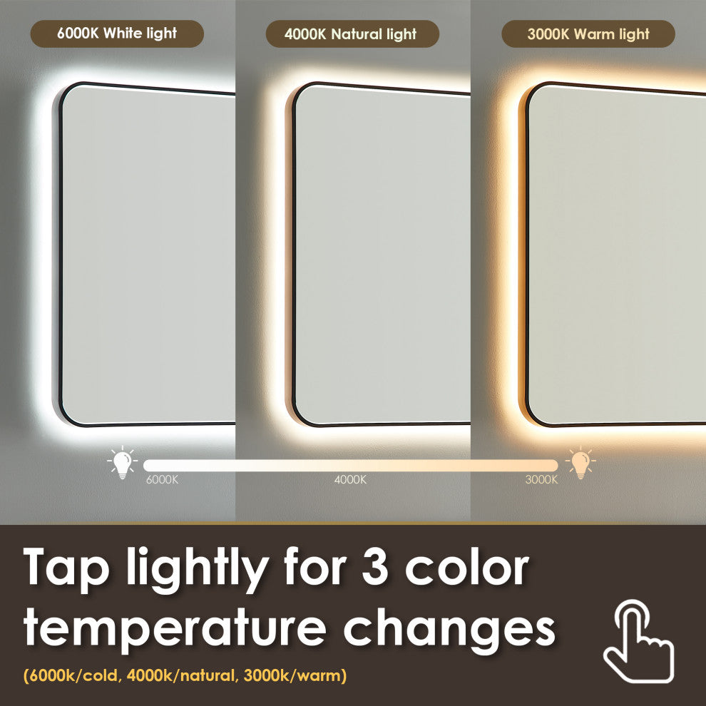 Dazzle Rectangular Bathroom/Vanity LED Lighted Wall Mirror, Matte Black, 72"