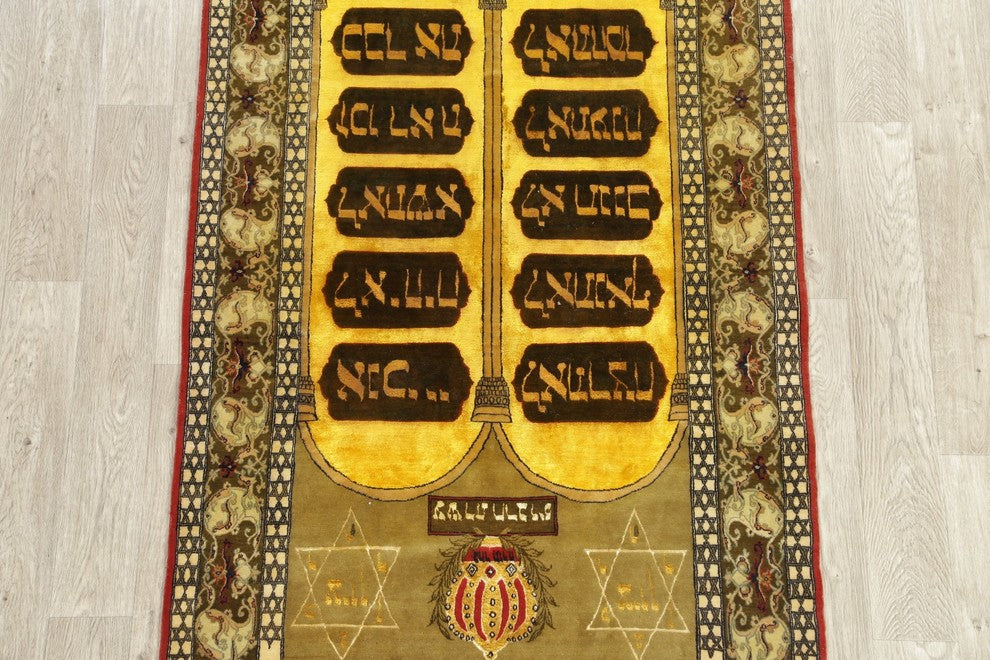 Handmade Historical 10 Moses Commandments Oriental Area Rug, Yellow, 6'8"X3'10"