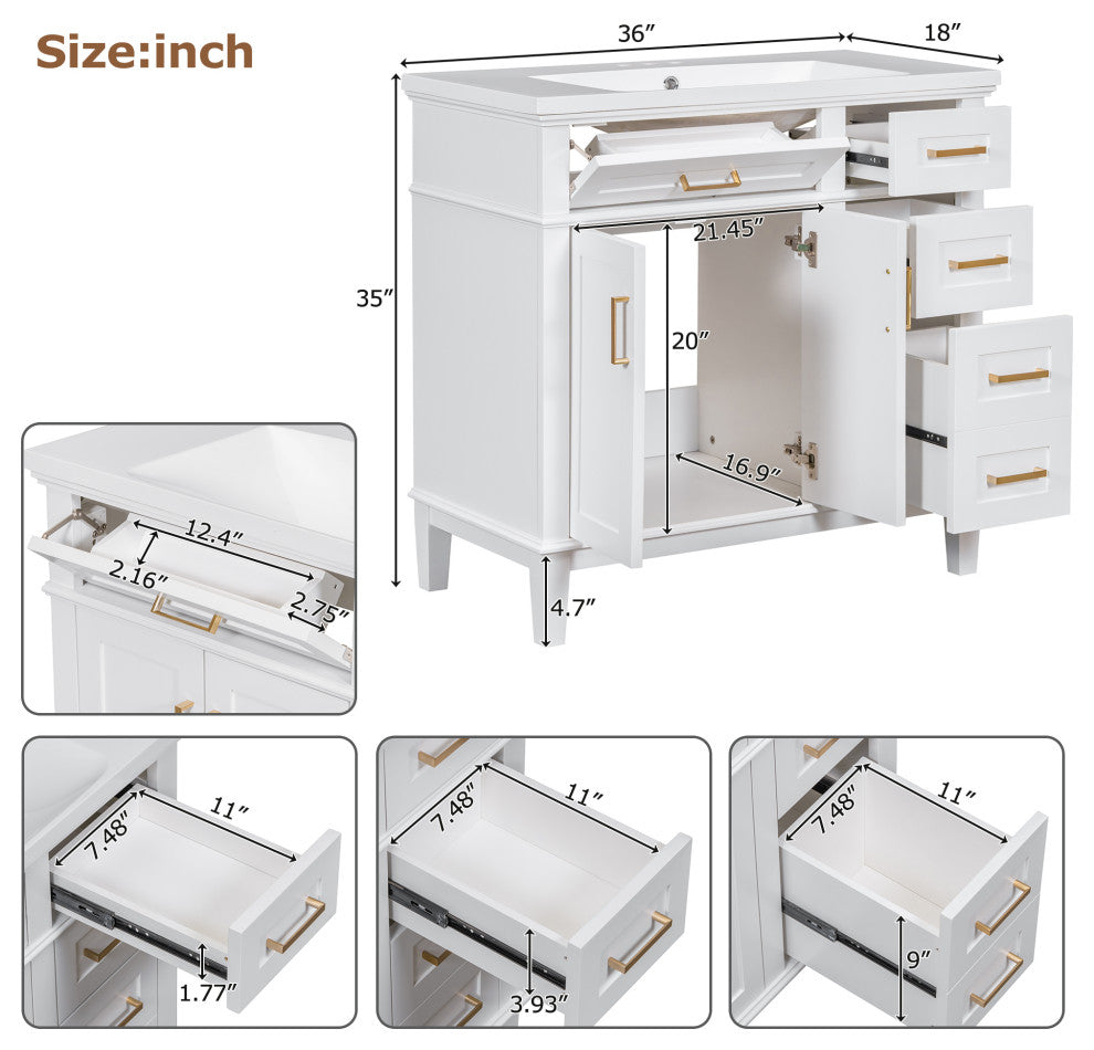 36 Inch Bathroom Vanity with Resin Sink, White