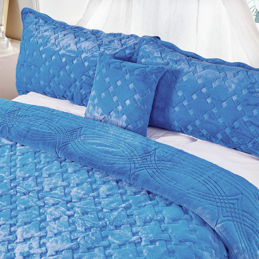 Tatami Quilted Faux Fur Bedspread Set, Palace Blue, Queen