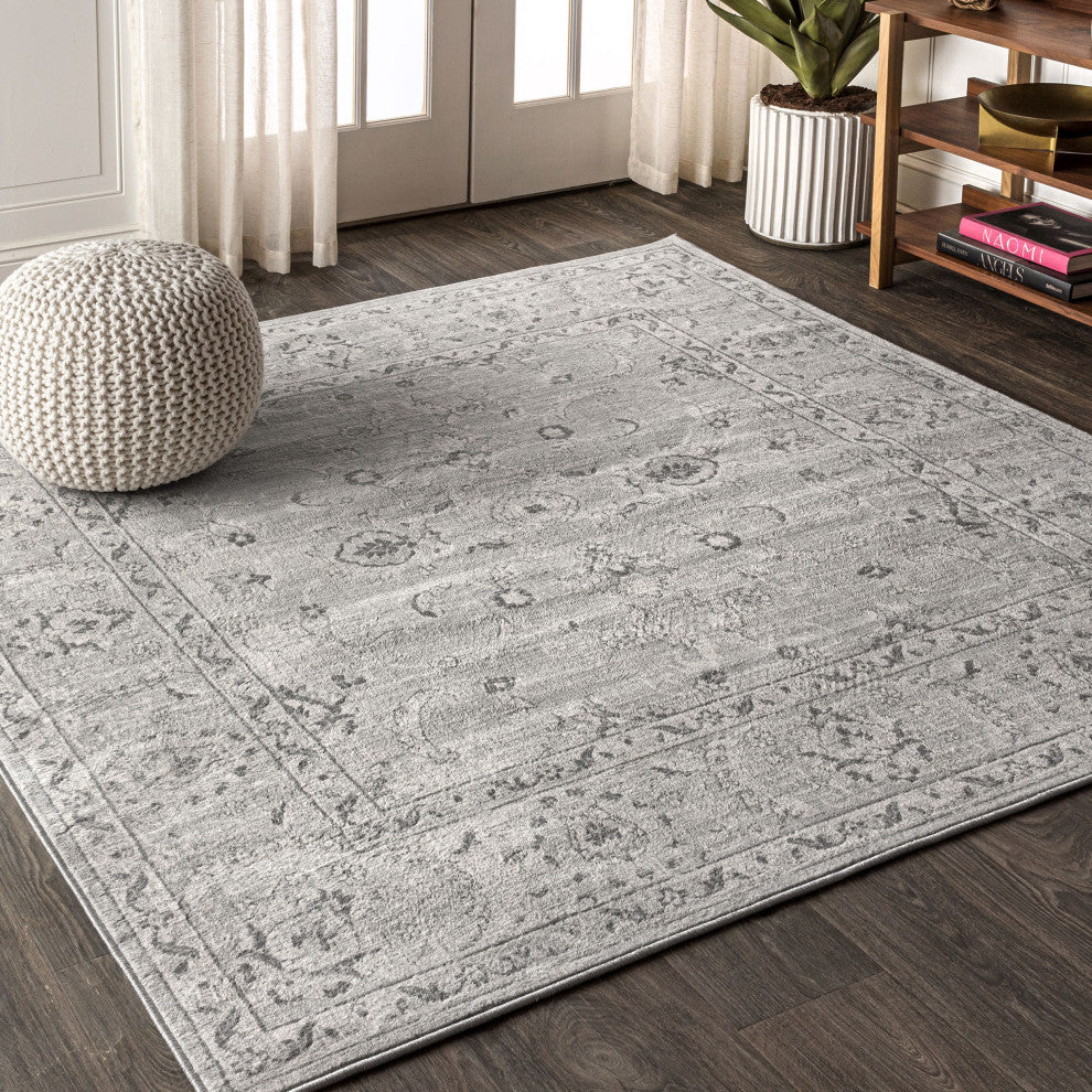Modern Persian Vintage Medallion Light Grey 5' Square Area Rug