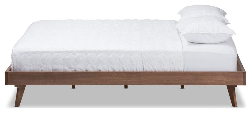 Mid-Century Modern Walnut Brown Finished Solid Wood Bed Frame, Queen
