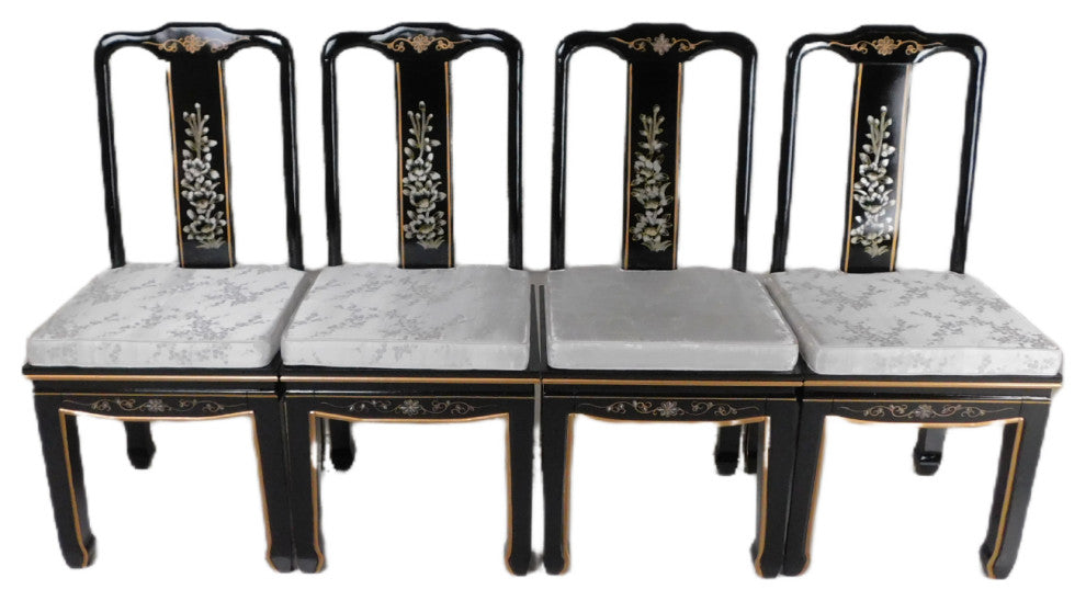 Black Lacquered With Mother Of Pearl Oriental Dining Table Set