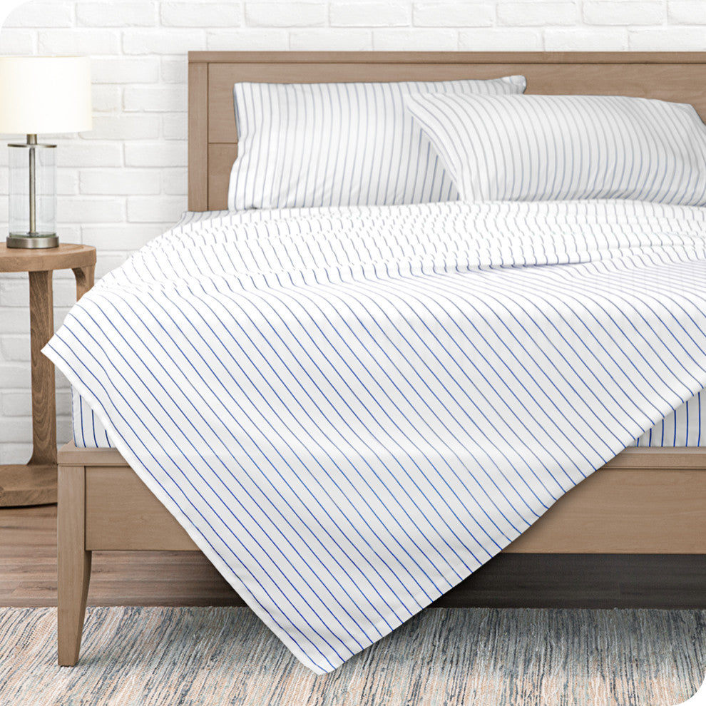 Twin XL 1800 Microfiber Sheet Set, Pinstripe White/Marine