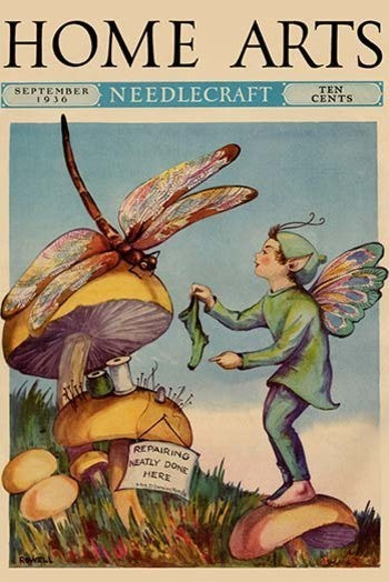 Sprite Needs His Socks Darned by a Dragonfly Who Is Sitting on a Mushroom