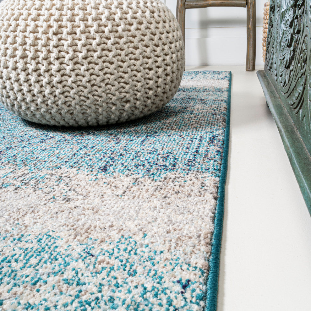 Contemporary POP Modern Abstract Vintage Area Rug, Cream/Turquoise, 2 X 8