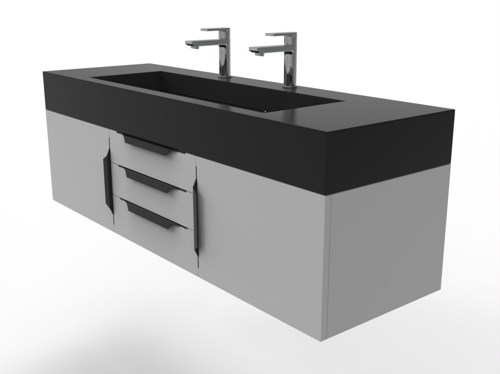 CastelloUSA Nile 60" Wall Mounted Vanity Set, Gray, Black Top, Black Handles