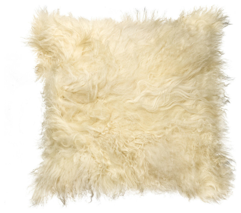 Natural 100% Sheepskin Mongolian Pillow, Natural, 18"x18"