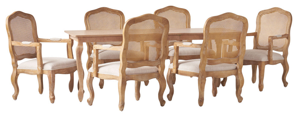 Bonview Fabric Upholstered Wood and Cane Expandable 7-Piece Dining Set, Natural Brown/Beige