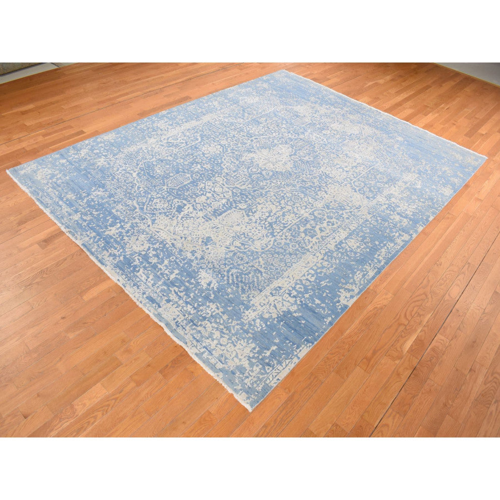 Steel Blue, Broken Persian Design, Wool and Silk, Hand Knotted Rug, 9'2"x12'1"